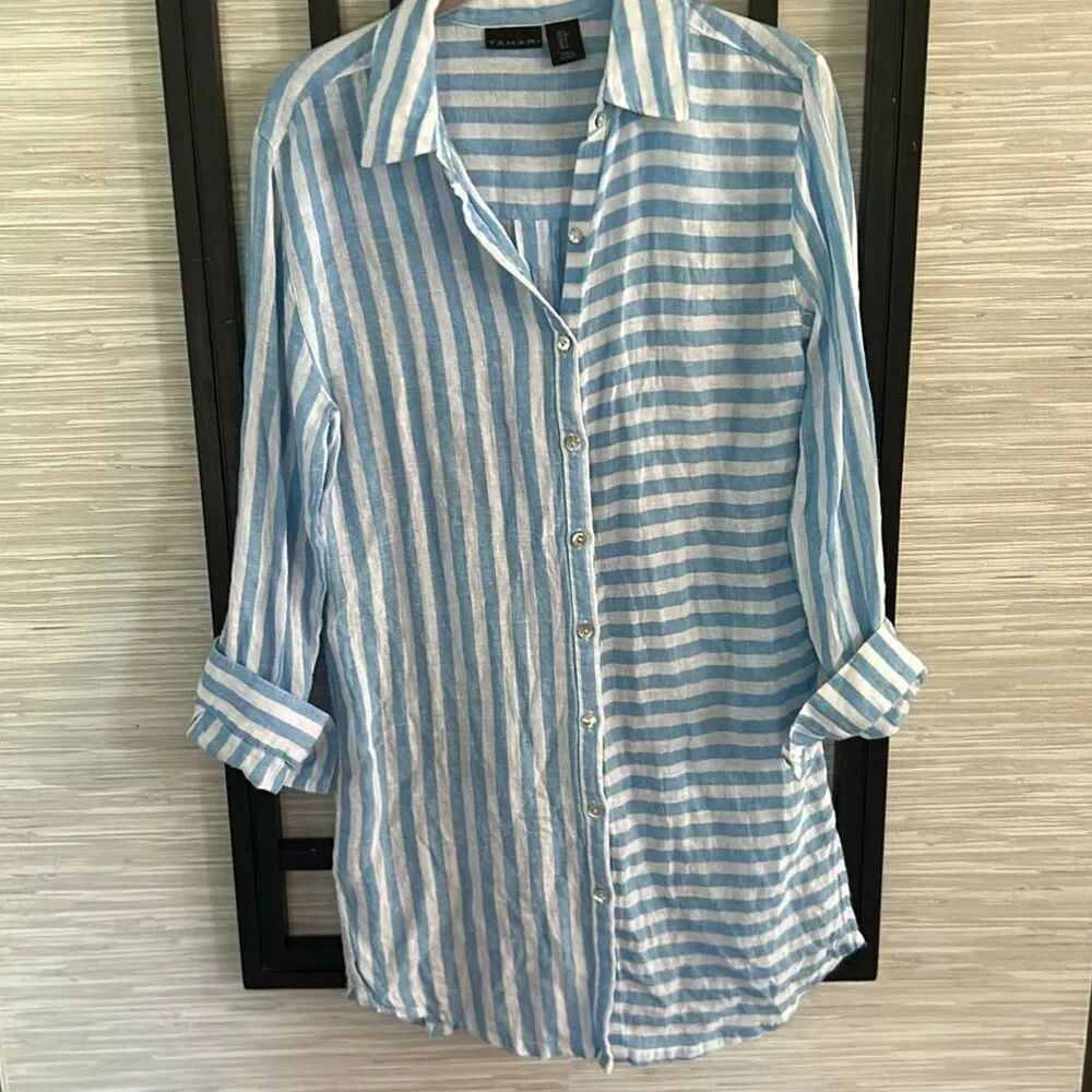 Tahari blue and white striped linen blend swimsuit cover-up bathing suit cover l